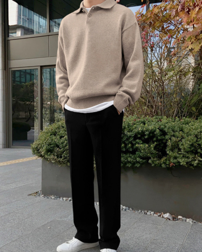 Men's Knitted Collar Sweater with Button Neck and Oversized Fit