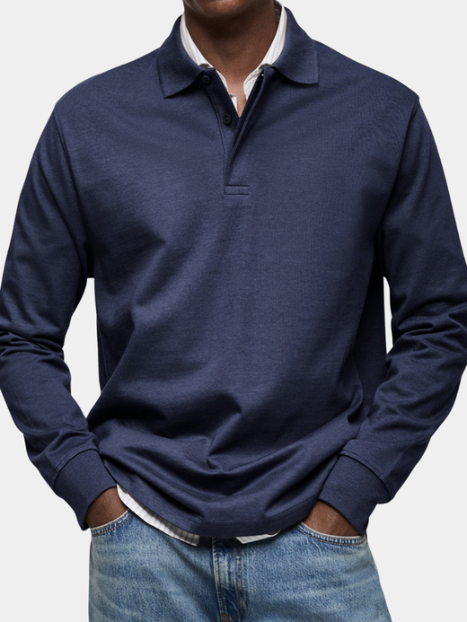Luca Men’s Classic Long Sleeve Polo Shirt with Button Collar and Ribbed Cuffs