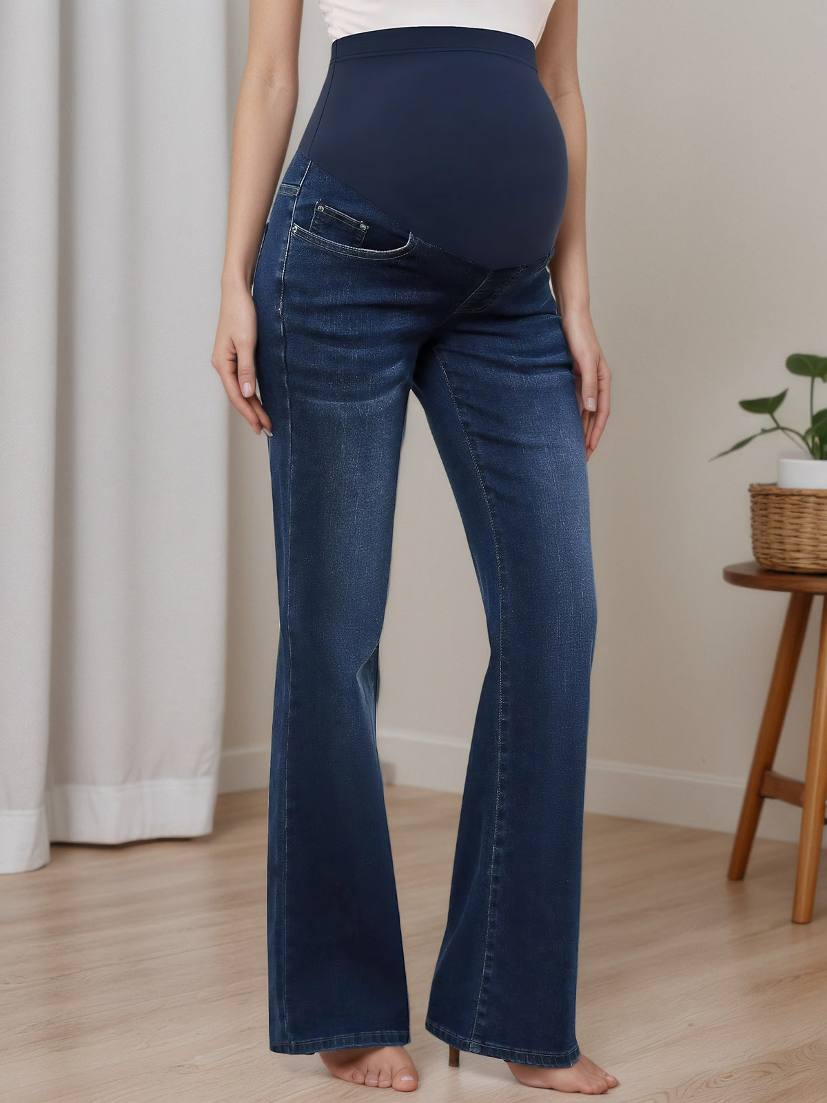 Women's Maternity Flare Jeans with Over-Belly Support Panel and Five-Pocket Design