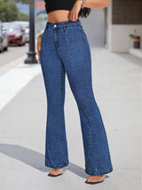 Women's Medium Blue Bell Bottom Flare Jeans with High Waist, Seamed Front and Stretch Denim