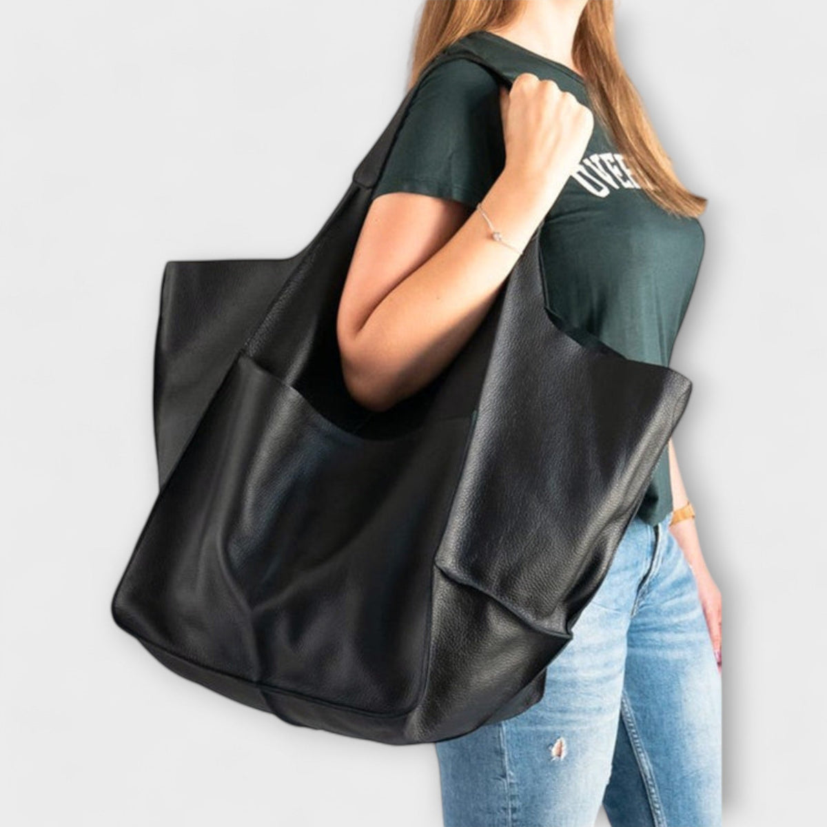 Women's Oversized Vegan Leather Tote Shoulder Bag with Front Pocket for Work, Shopping and Travel