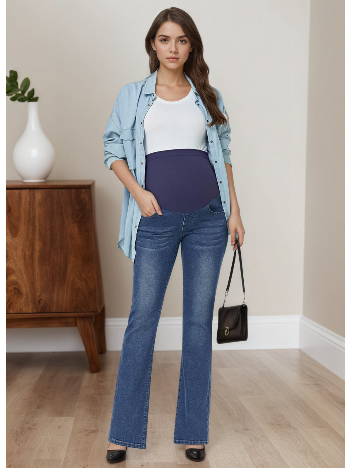 Women's Maternity Flare Jeans with Over-Belly Support Panel and Five-Pocket Design