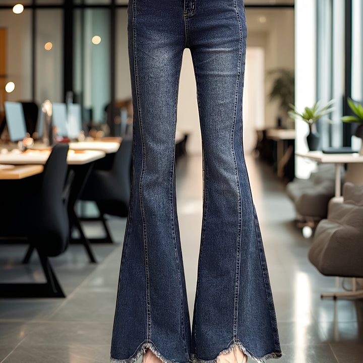Women’s Medium Blue Frayed Hem Flare Jeans with High Waist, Front Seam Detail and Stretch Denim