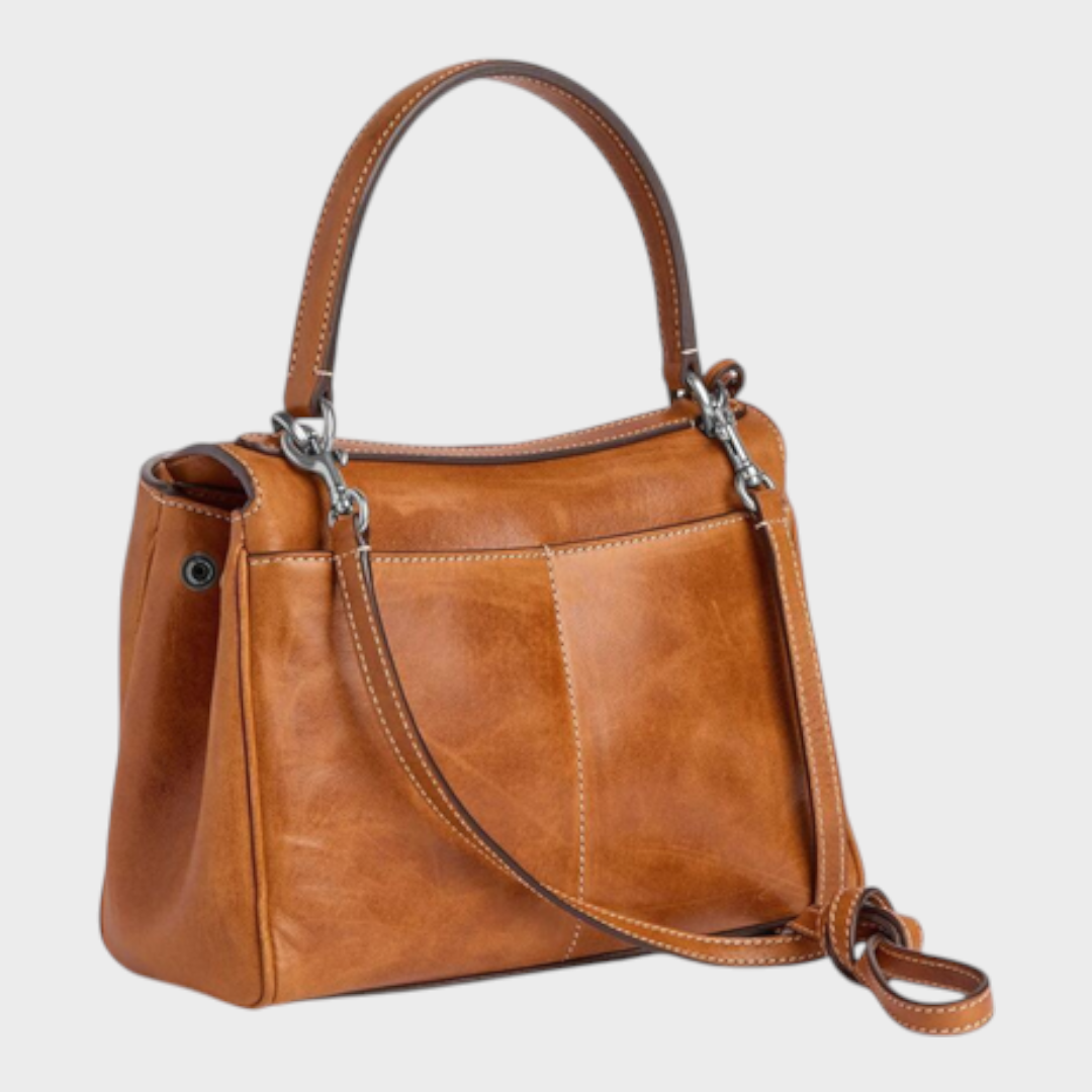 Women's Soft Leather Top Handle Handbag with Flap and Turn-Lock Closure