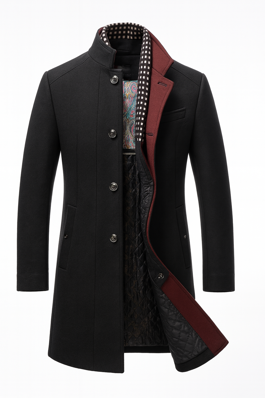 Men's Wool Blend Overcoat with Stand Collar, Single-Breasted Buttons, Flap Pockets and Tailored Fit