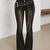 Women's Distressed Grommet Buckle Flare Jeans with Low Rise, Raw Seams and Frayed Hem