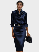 Women's Navy Blue Satin Midi Dress with Draped Cowl Collar, Waist Belt and Three-Quarter Sleeves