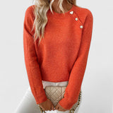 Women's Ribbed Knit Sweater with Crew Neck Long Sleeves Pearl Buttons and Heart Detail