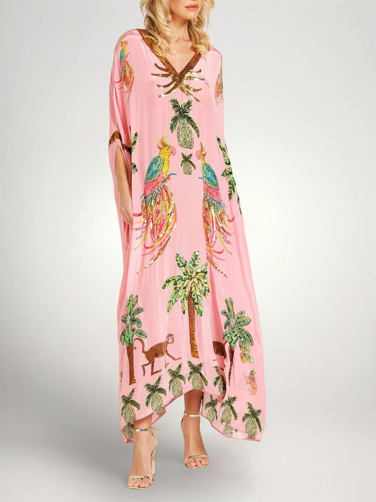 Women's Tropical Print Kaftan Maxi Dress with Sequin V-Neck and Batwing Sleeves