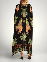 Women's Tropical Print Kaftan Maxi Dress with Sequin V-Neck and Batwing Sleeves