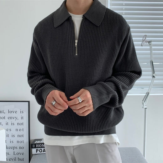 Men's Classic Knitted Zip Sweater with Loose Fit