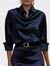 Women's Navy Blue Satin Midi Dress with Draped Cowl Collar, Waist Belt and Three-Quarter Sleeves