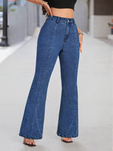 Women's Medium Blue Bell Bottom Flare Jeans with High Waist, Seamed Front and Stretch Denim
