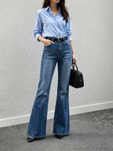 Women's Medium Blue High Waist Flare Jeans with Fitted Thigh, Wide Hem and Stretch Denim