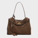 Women's Soft Leather Top Handle Handbag with Flap and Turn-Lock Closure
