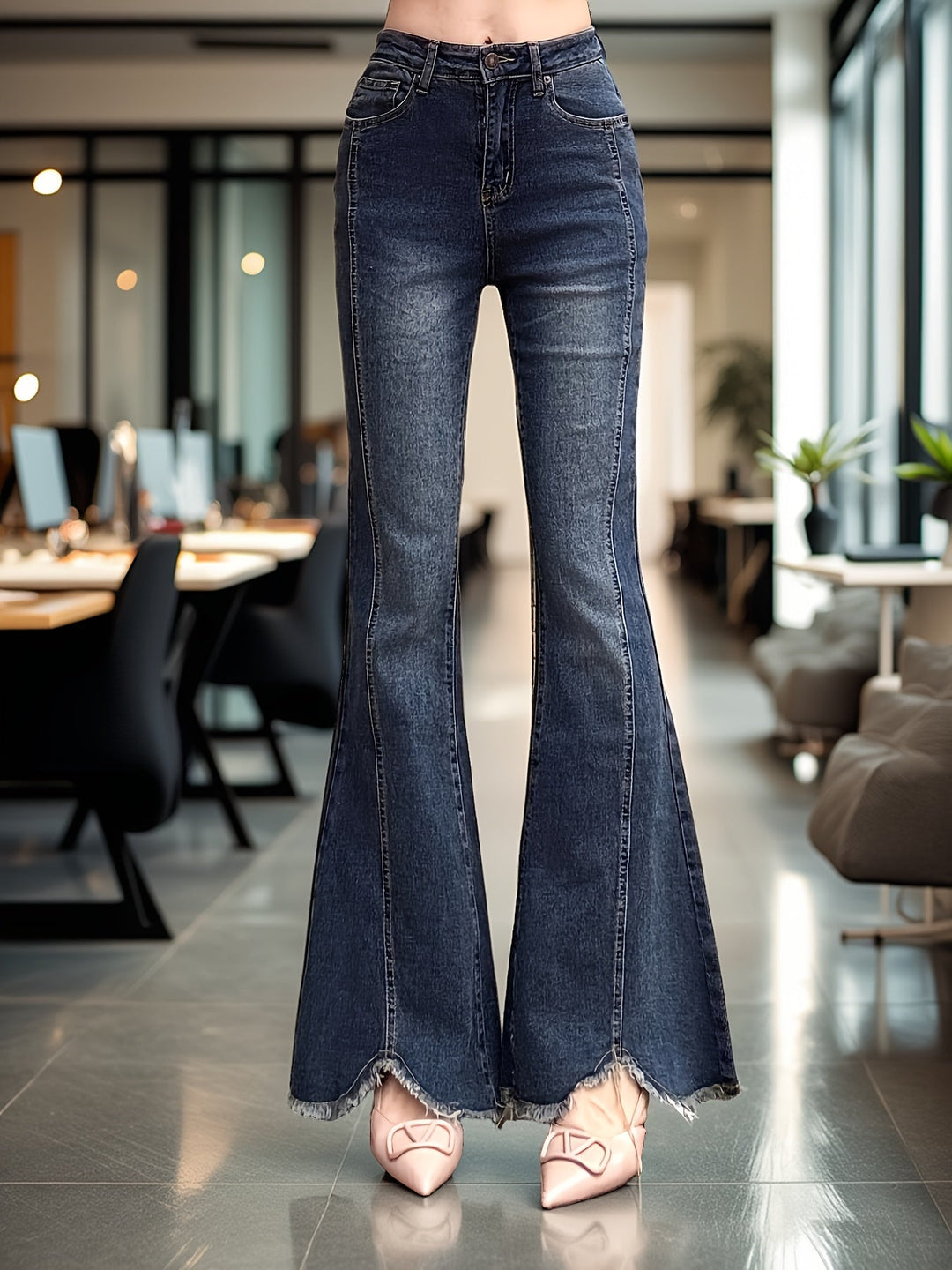 Women’s Medium Blue Frayed Hem Flare Jeans with High Waist, Front Seam Detail and Stretch Denim