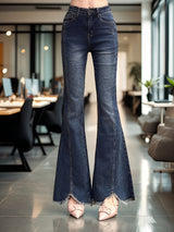 Women’s Medium Blue Frayed Hem Flare Jeans with High Waist, Front Seam Detail and Stretch Denim
