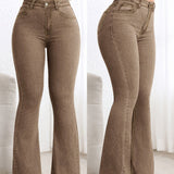 Women's Coffee Brown Acid Wash Flare Jeans with High Waist, Contrast Stitching and Five-Pocket Design