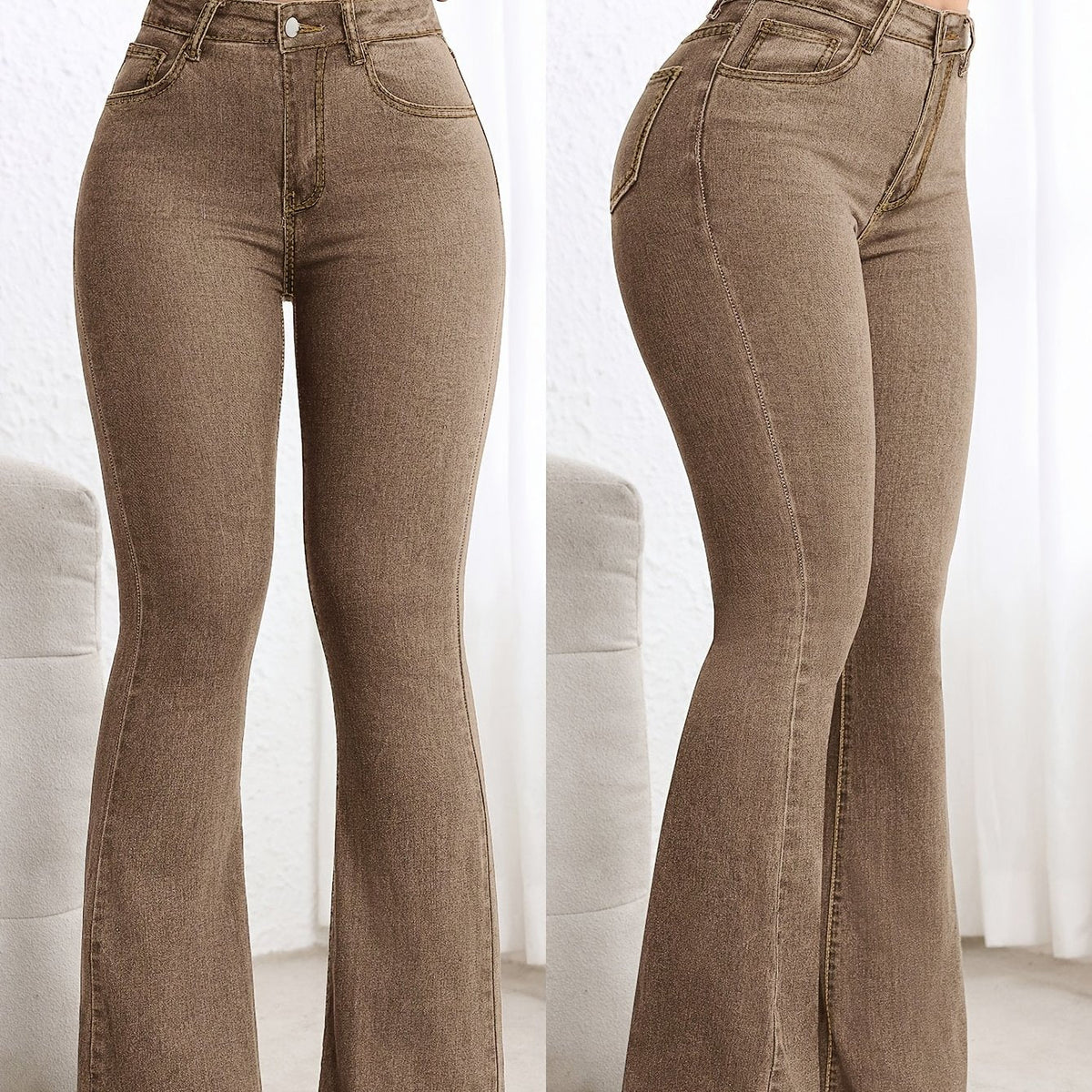 Women's Coffee Brown Acid Wash Flare Jeans with High Waist, Contrast Stitching and Five-Pocket Design