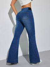 Women's Medium Blue Pull-On Flare Jeans with High Waist, Wide Elastic Waistband and Stretch Denim