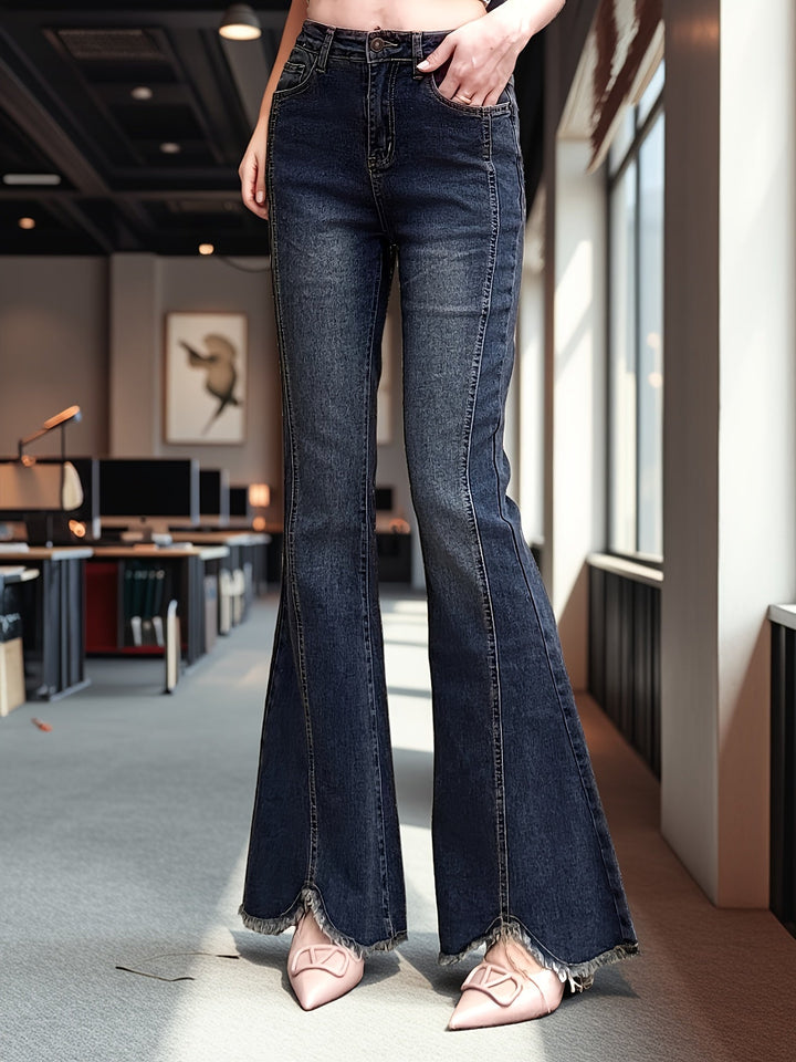 Women’s Medium Blue Frayed Hem Flare Jeans with High Waist, Front Seam Detail and Stretch Denim