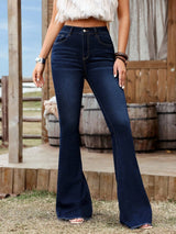 Women's Deep Blue Western Flare Jeans with High Waist, Raw Hem, Contrast Topstitching and Stretch Denim