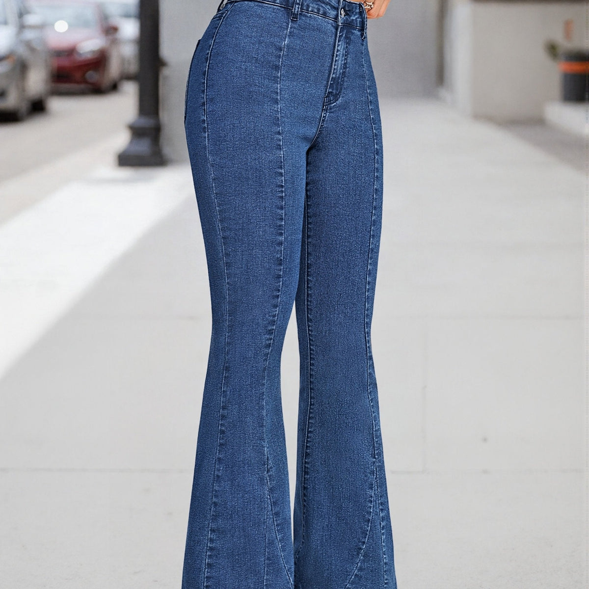 Women's Medium Blue Bell Bottom Flare Jeans with High Waist, Seamed Front and Stretch Denim