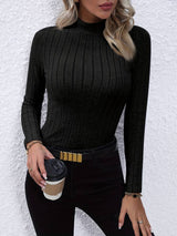 Women's Ribbed Knit Top with Mock Neck Long Sleeves Fitted Casual Style