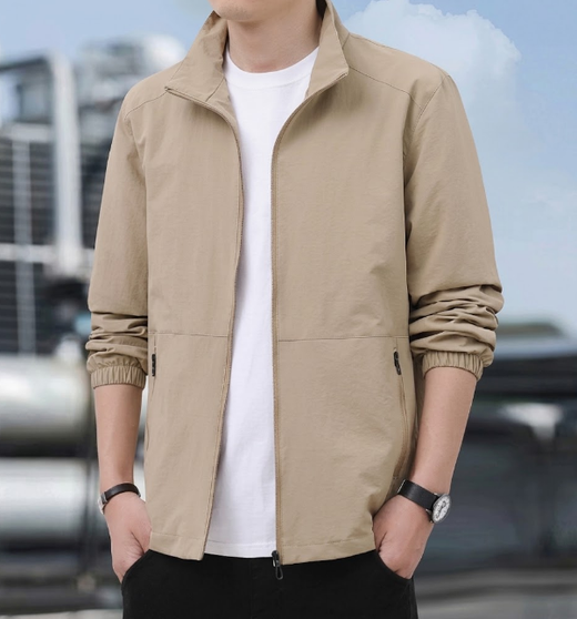 Men's Bomber Jacket with Zip and Standing Collar for Mid-Season