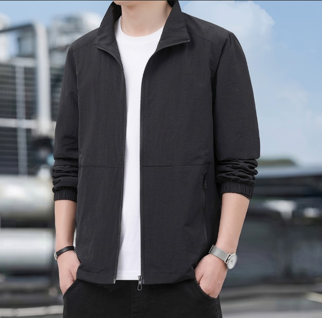 Men's Bomber Jacket with Zip and Standing Collar for Mid-Season