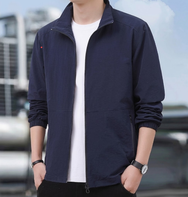 Men's Bomber Jacket with Zip and Standing Collar for Mid-Season