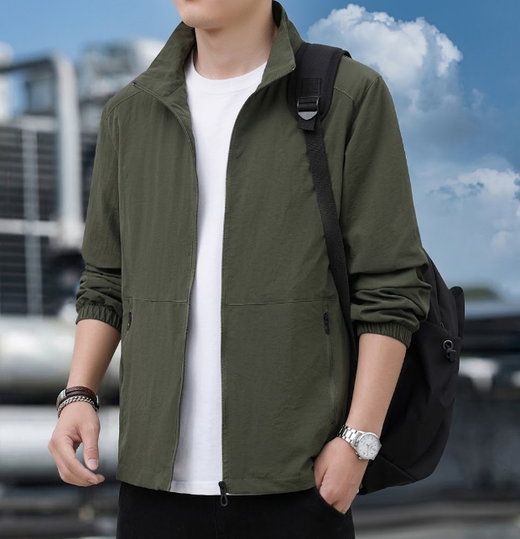 Men's Bomber Jacket with Zip and Standing Collar for Mid-Season