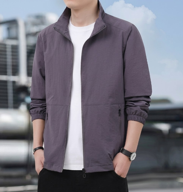 Men's Bomber Jacket with Zip and Standing Collar for Mid-Season
