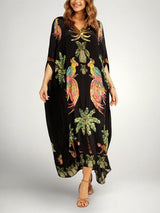 Women's Tropical Print Kaftan Maxi Dress with Sequin V-Neck and Batwing Sleeves