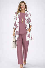 Women's 3-Piece Trouser Set with Longline Cardigan, Round Neck Top and Straight-Leg Trousers