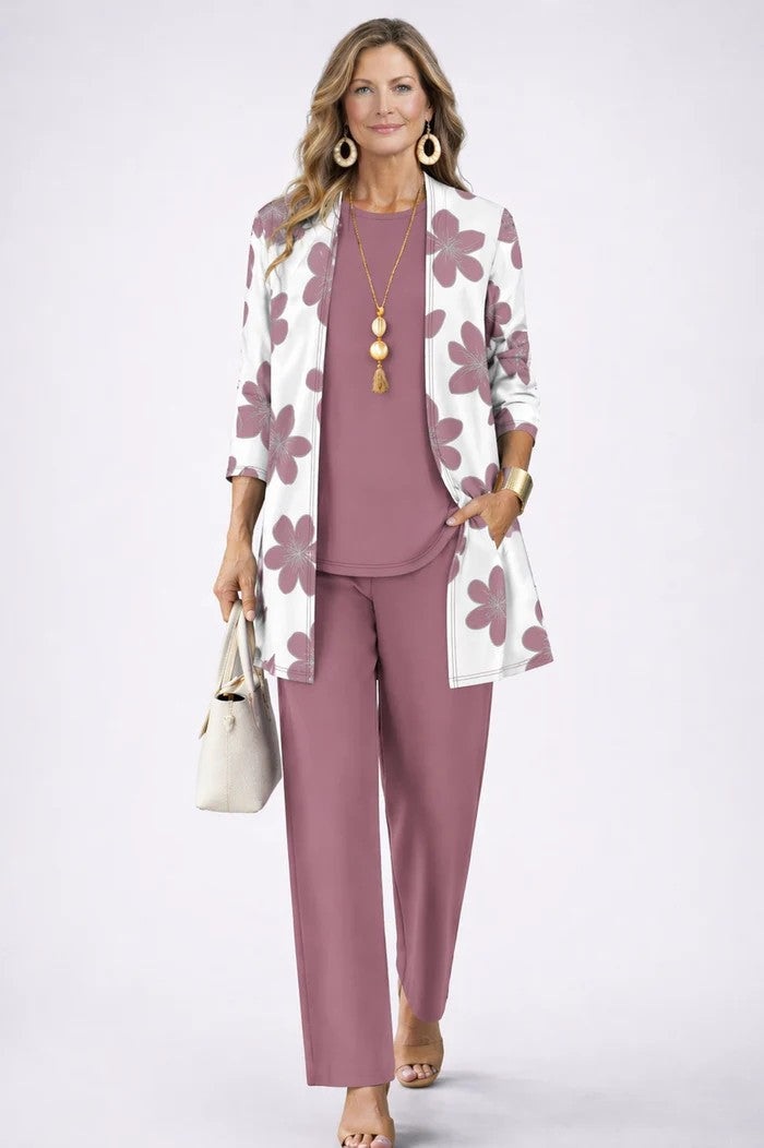 Women's 3-Piece Trouser Set with Longline Cardigan, Round Neck Top and Straight-Leg Trousers