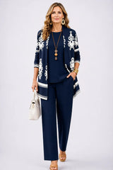 Women's 3-Piece Trouser Set with Longline Cardigan, Round Neck Top and Straight-Leg Trousers