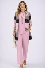 Women's 3-Piece Trouser Set with Longline Cardigan, Round Neck Top and Straight-Leg Trousers