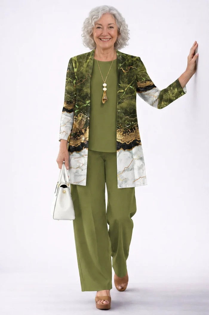 Women's 3-Piece Trouser Set with Longline Cardigan, Round Neck Top and Straight-Leg Trousers