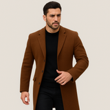 Men's Elegant Long Coat with Classic Collar and Button Closure