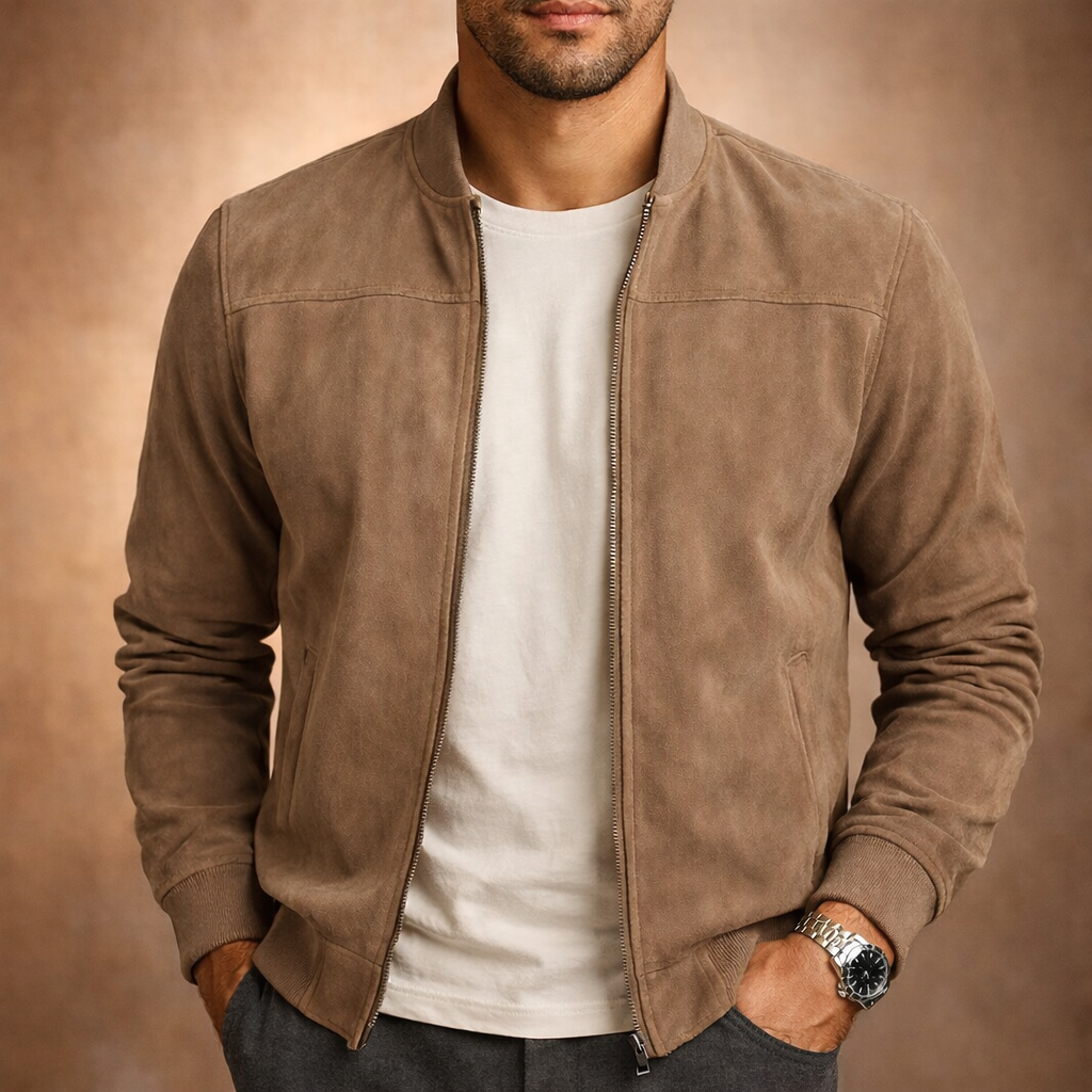 Vittorio Men’s Classic Suede-Style Bomber Jacket with Zip Front and Ribbed Trims