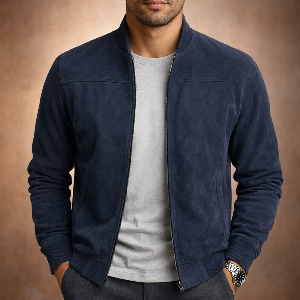 Vittorio Men’s Classic Suede-Style Bomber Jacket with Zip Front and Ribbed Trims