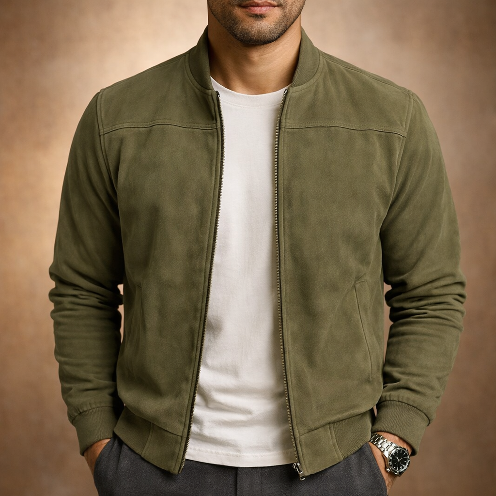 Vittorio Men’s Classic Suede-Style Bomber Jacket with Zip Front and Ribbed Trims
