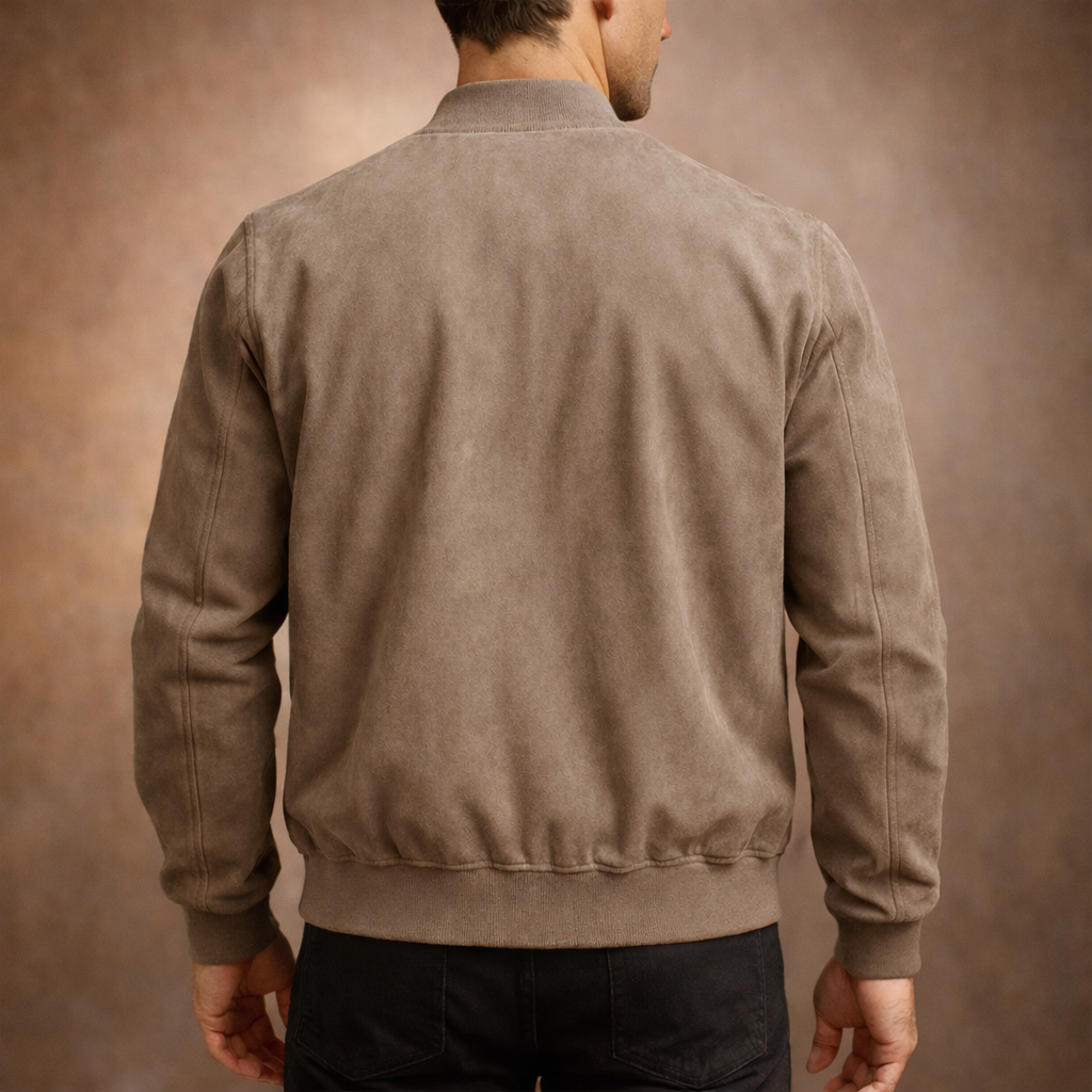 Vittorio Men’s Classic Suede-Style Bomber Jacket with Zip Front and Ribbed Trims