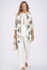 Women's 3-Piece Trouser Set with Longline Cardigan, Round Neck Top and Straight-Leg Trousers