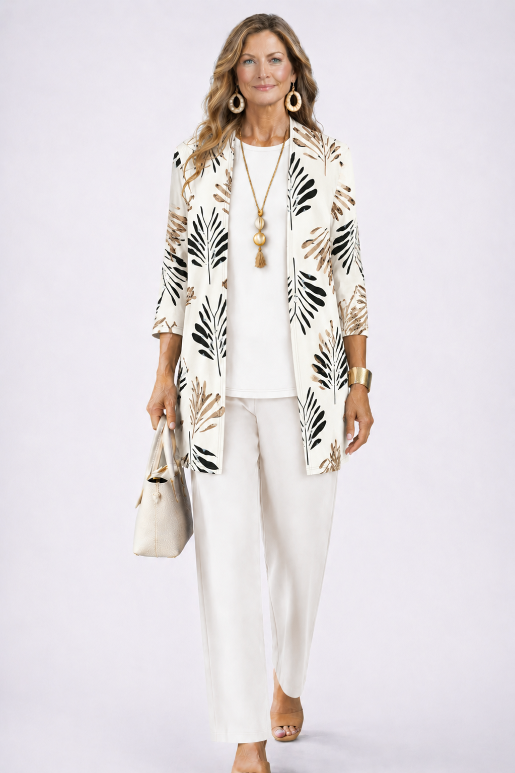 Women's 3-Piece Trouser Set with Longline Cardigan, Round Neck Top and Straight-Leg Trousers