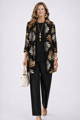 Women's 3-Piece Trouser Set with Longline Cardigan, Round Neck Top and Straight-Leg Trousers