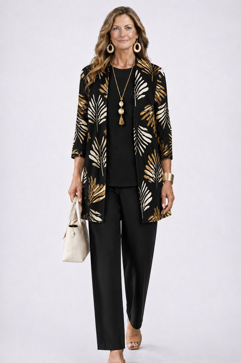 Women's 3-Piece Trouser Set with Longline Cardigan, Round Neck Top and Straight-Leg Trousers