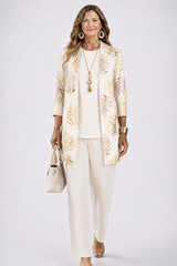 Women's 3-Piece Trouser Set with Longline Cardigan, Round Neck Top and Straight-Leg Trousers