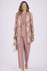 Women's 3-Piece Trouser Set with Longline Cardigan, Round Neck Top and Straight-Leg Trousers